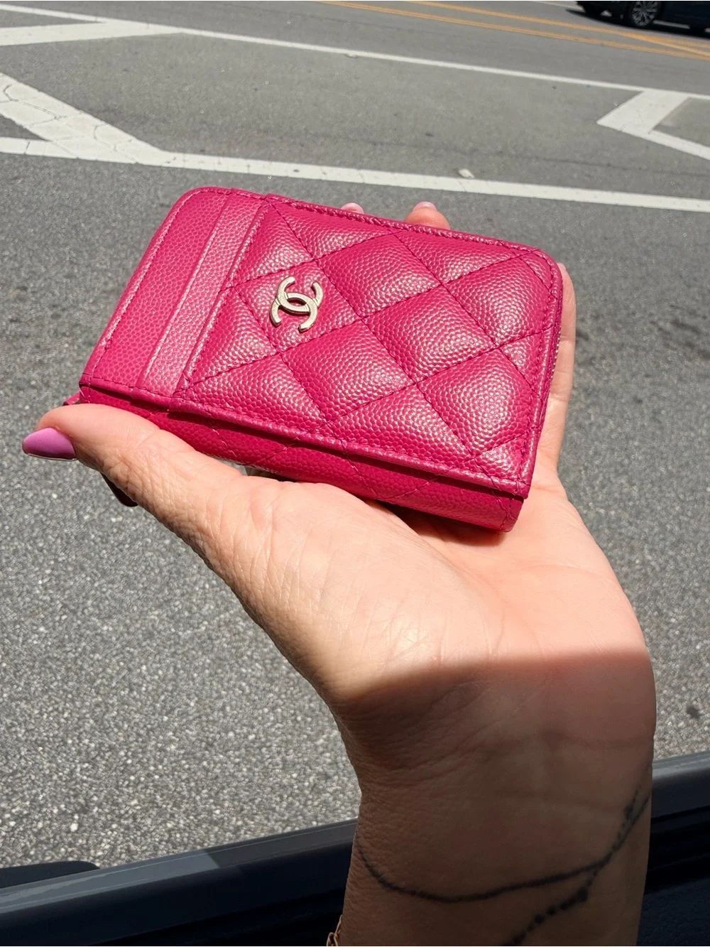 CHANEL Hot Pink Quilted Zip Card Holder